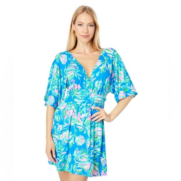 Lilly Pulitzer Parigi Floral Skort Romper Blue Fancy Fins Small Stretch EUC - Picture 2 of 9